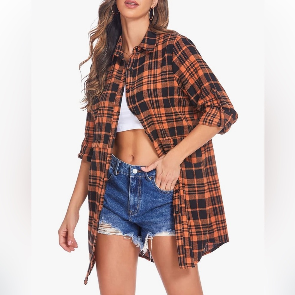 Womens Flannel with Roll Up Long Sleeves & Pockets